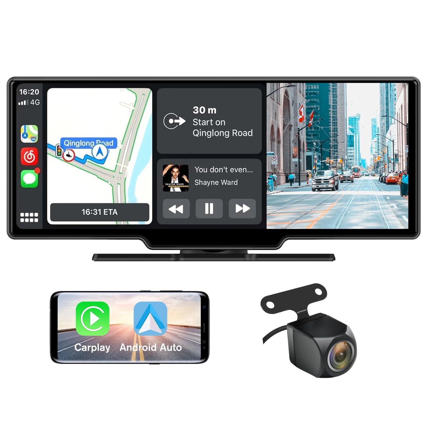 10.25 Inch IPS Touch Screen Wireless Carplay Android Auto Bluetooth Unit Portable Car Radio Stereo with 1080P Backup Camera DVR GPS Navigator Airplay AUX/FM Googel Siri