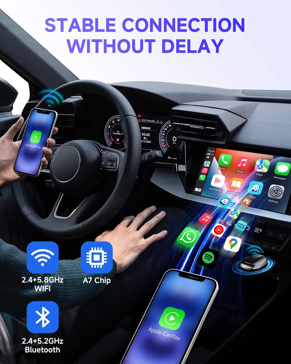 2025 Wireless Apple CarPlay Adapter - Upgrade from Wired to Wireless, Compact Design with USB & USB-C Extension Cable, Stable Performance with No Delay, Black