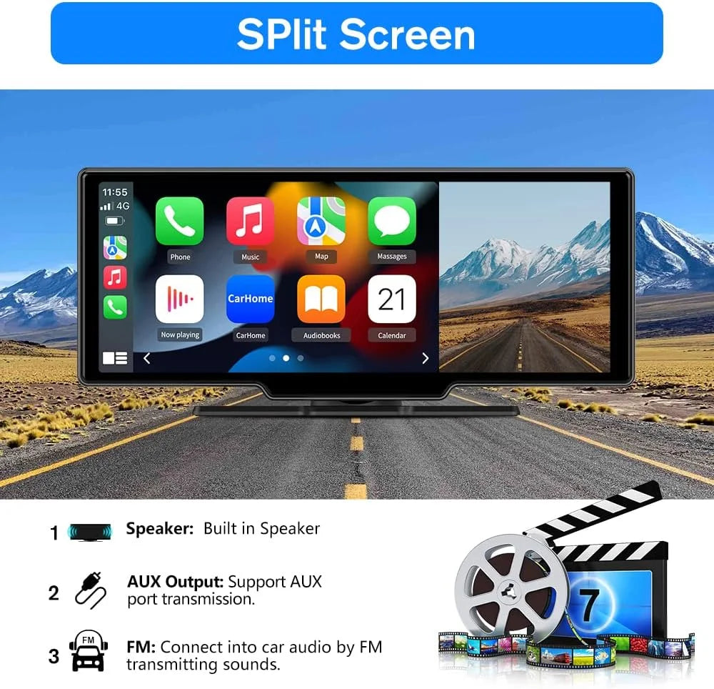 10.25 Inch IPS Touch Screen Wireless Carplay Android Auto Bluetooth Unit Portable Car Radio Stereo with 1080P Backup Camera DVR GPS Navigator Airplay AUX/FM Googel Siri