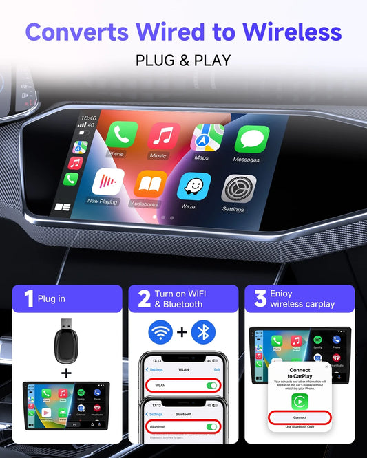 2025 Wireless Apple CarPlay Adapter - Upgrade from Wired to Wireless, Compact Design with USB & USB-C Extension Cable, Stable Performance with No Delay, Black