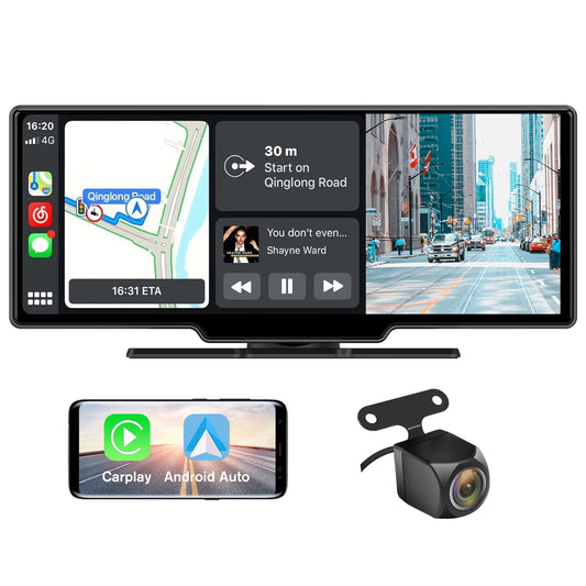 10.25 Inch IPS Touch Screen Wireless Carplay Android Auto Bluetooth Unit Portable Car Radio Stereo with 1080P Backup Camera DVR GPS Navigator Airplay AUX/FM Googel Siri