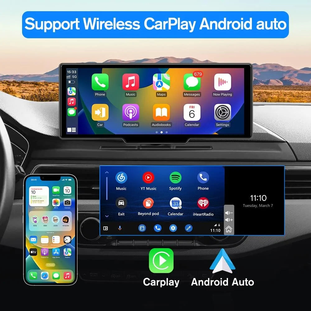 10.25 Inch IPS Touch Screen Wireless Carplay Android Auto Bluetooth Unit Portable Car Radio Stereo with 1080P Backup Camera DVR GPS Navigator Airplay AUX/FM Googel Siri